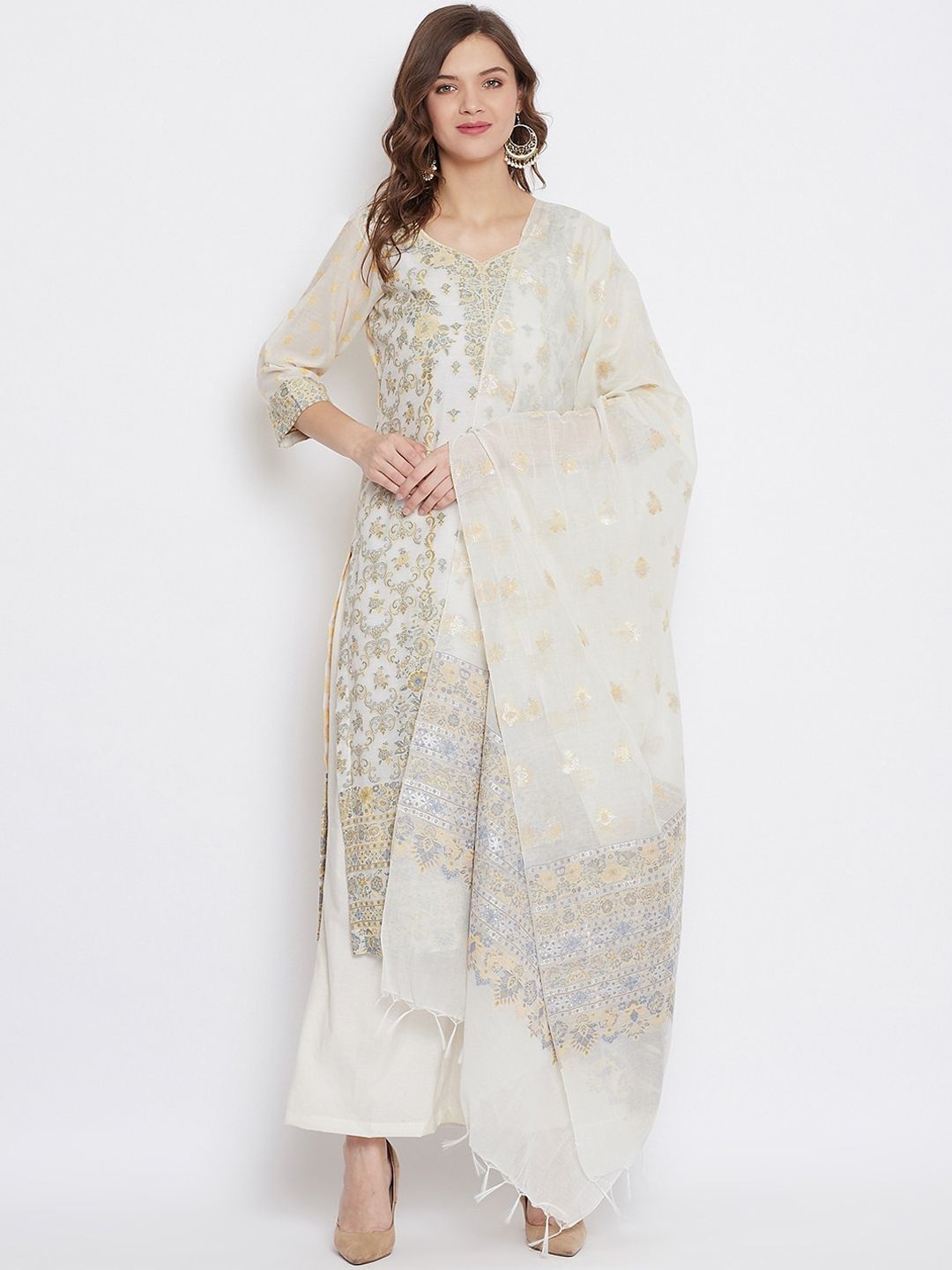 Safaa White & Yellow Cotton Blend Woven Design Unstitched Dress Material For Summer Price in India