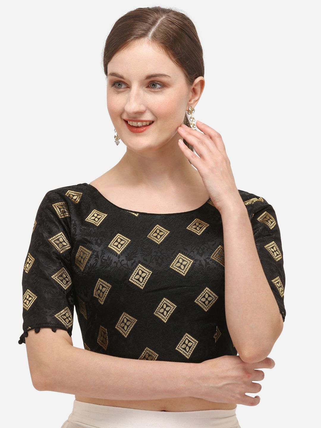 Fab Dadu Women Black & Gold-Coloured Woven Design Readymade Saree Blouse Price in India