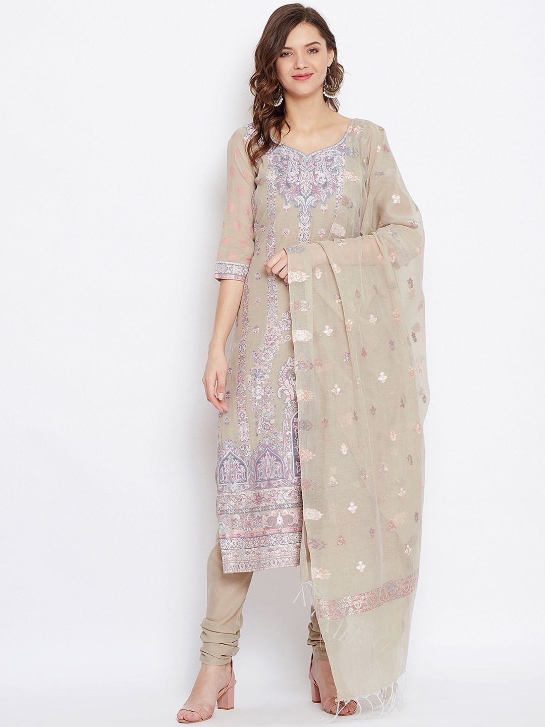 Safaa Beige & Blue Cotton Blend Woven Design Unstitched Dress Material For Summer Price in India