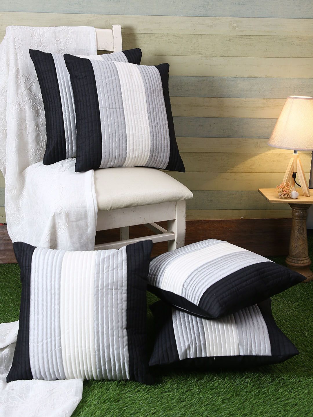 ROMEE Navy Blue & White Set of 5 Colourblocked Square Cushion Covers Price in India