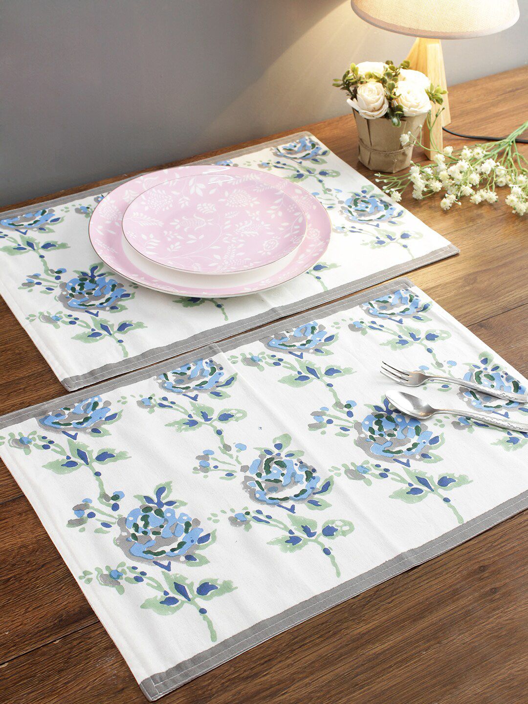 Rajasthan Decor Set Of 6 White & Blue Floral Printed Sustainable Table Placemats Price in India
