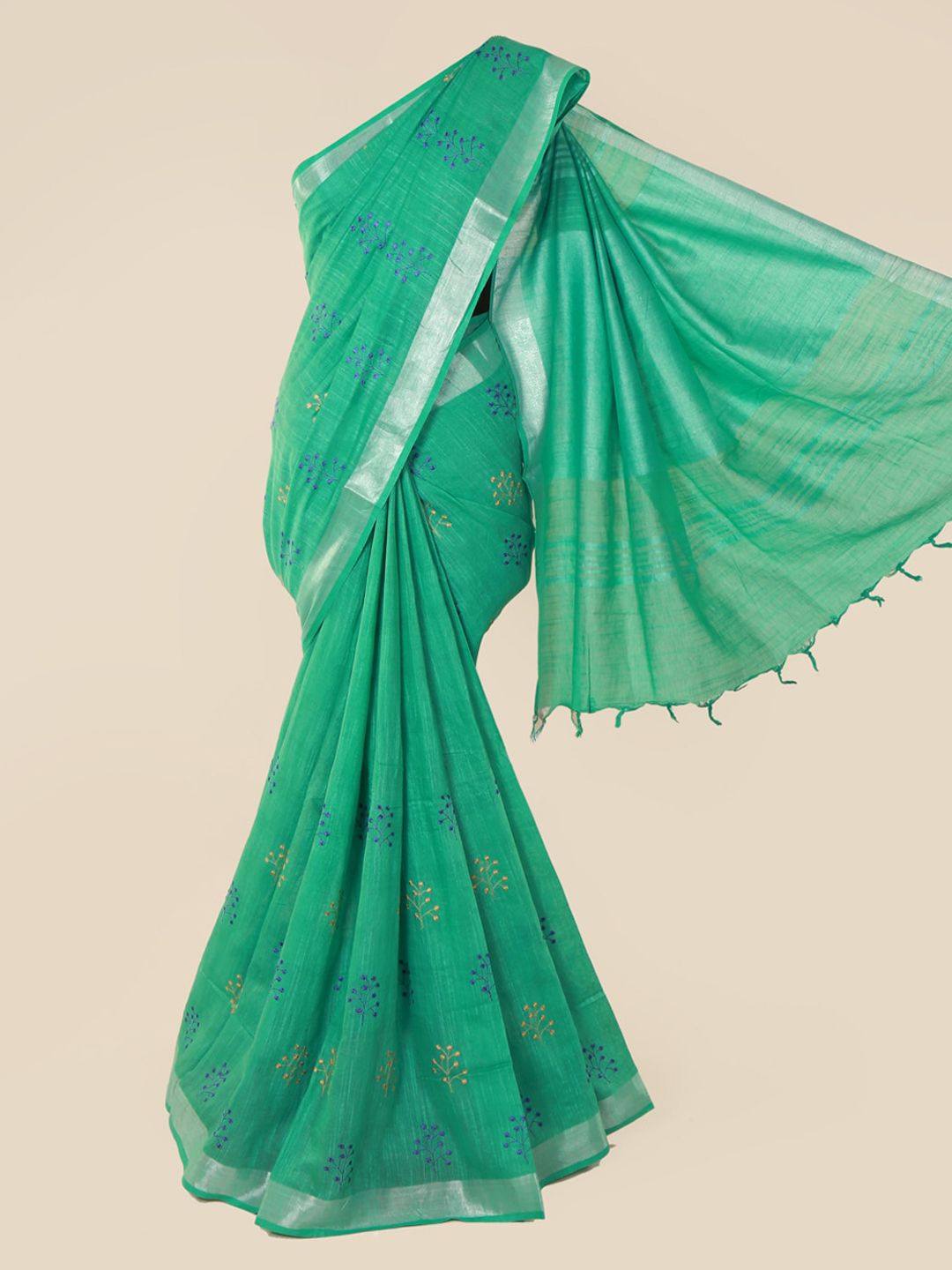 Pothys Green & Silver-Toned Linen Blend Embroidered Saree