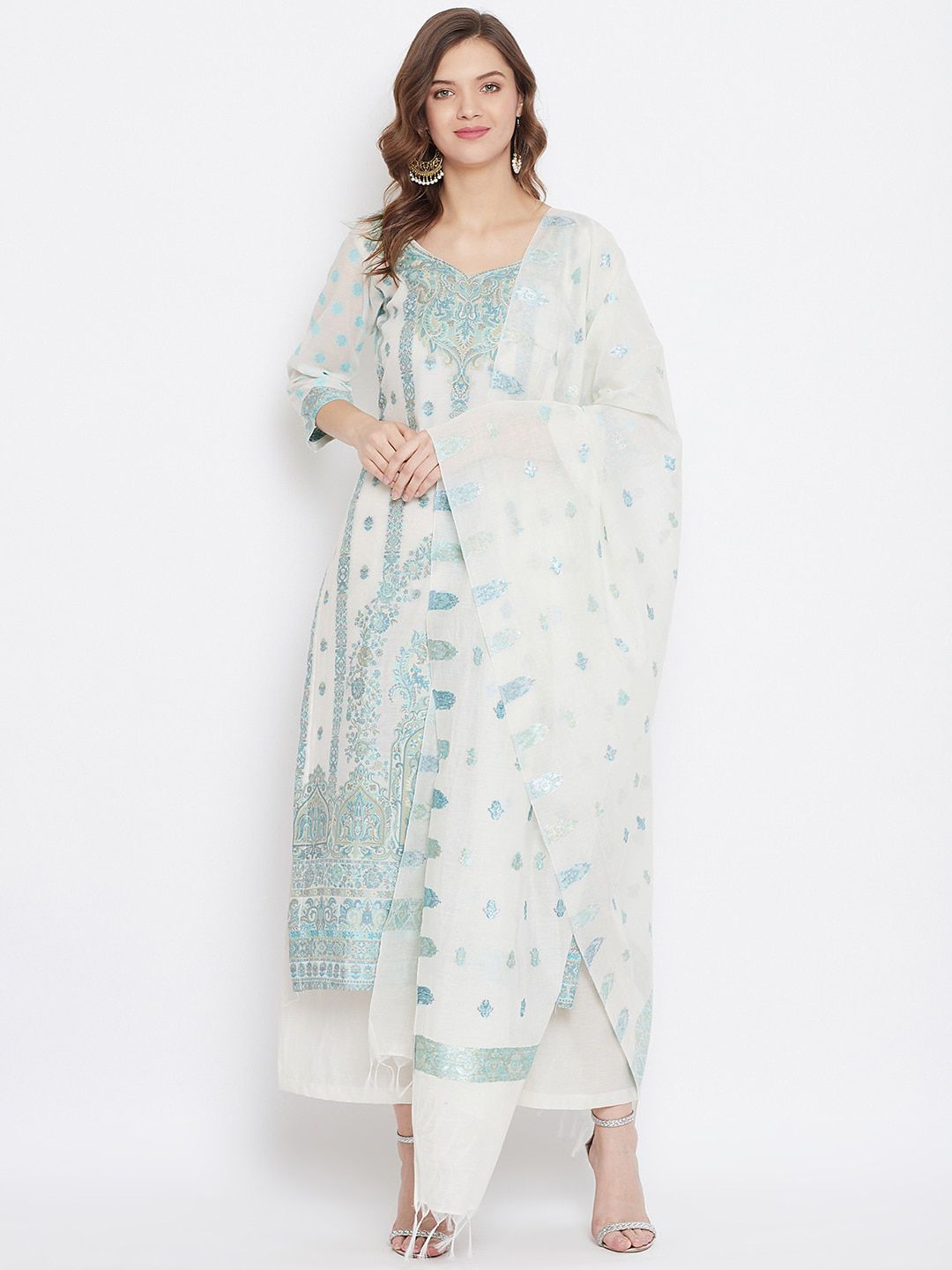 Safaa White & Sea Green Cotton Blend Woven Design Unstitched Dress Material For Summer Price in India