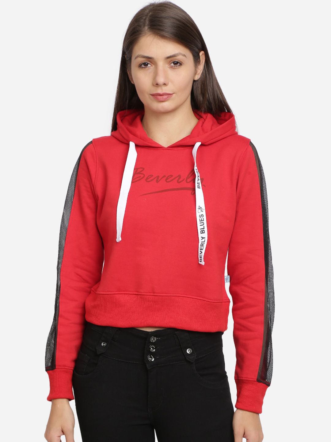 BEVERLY BLUES Women Red Printed Hooded Sweatshirt Price in India