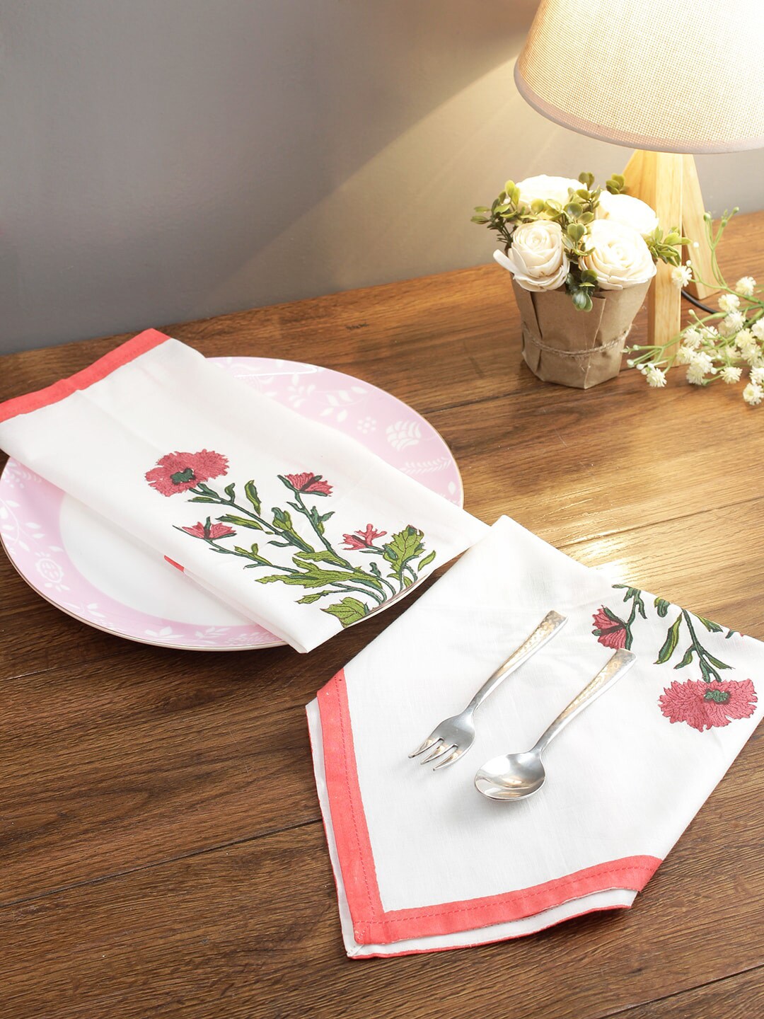 Rajasthan Decor Set Of 6 White & Red Printed Table Napkins Price in India