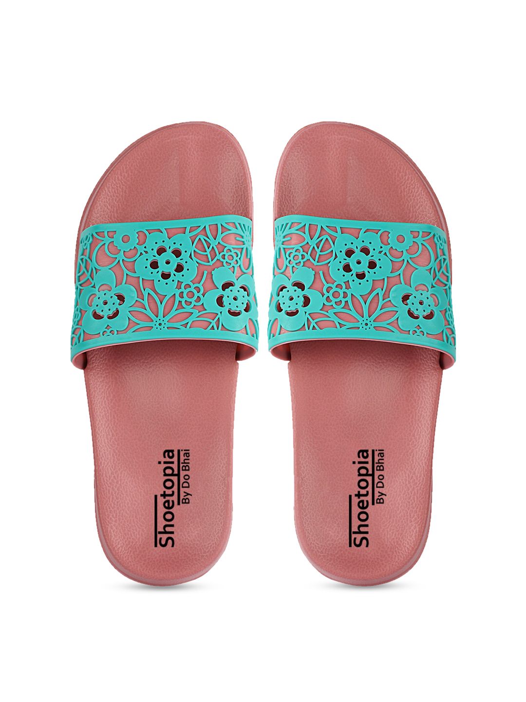 Shoetopia Women Turquoise Blue & Peach-Coloured Laser Cut Sliders Price in India