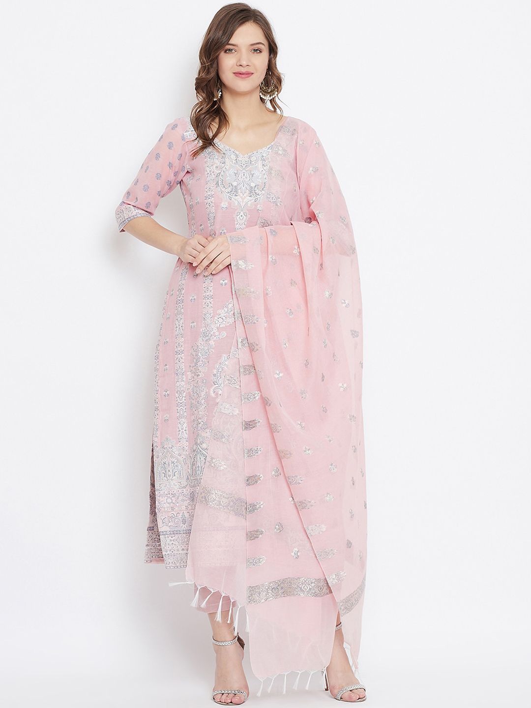 Safaa Peach-Coloured & White Cotton Blend Woven Design Unstitched Dress Material For Summer Price in India