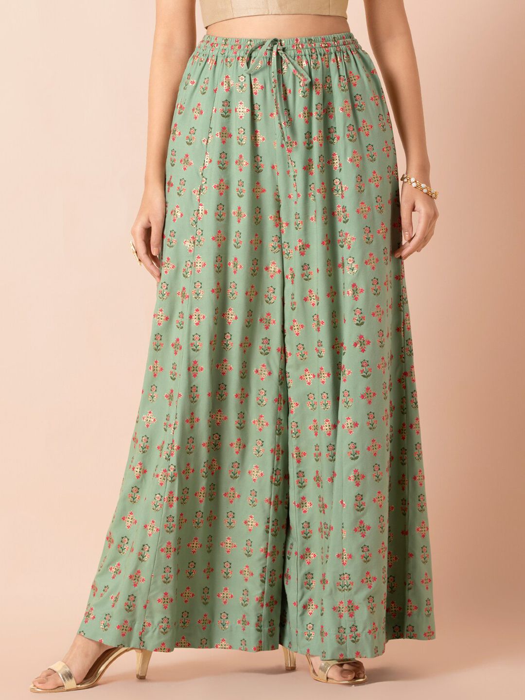 INDYA Women Green & Pink Printed Flared Palazzos Price in India