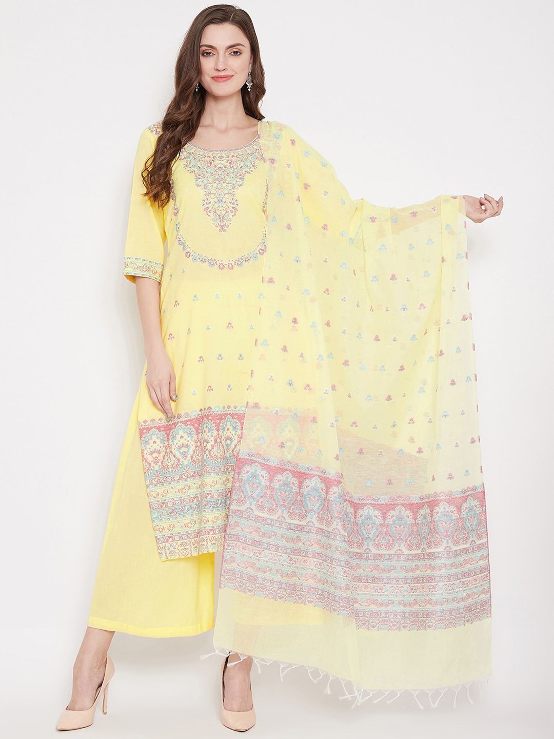 Safaa Yellow & Blue Cotton Blend Woven Design Unstitched Dress Material For Summer Price in India