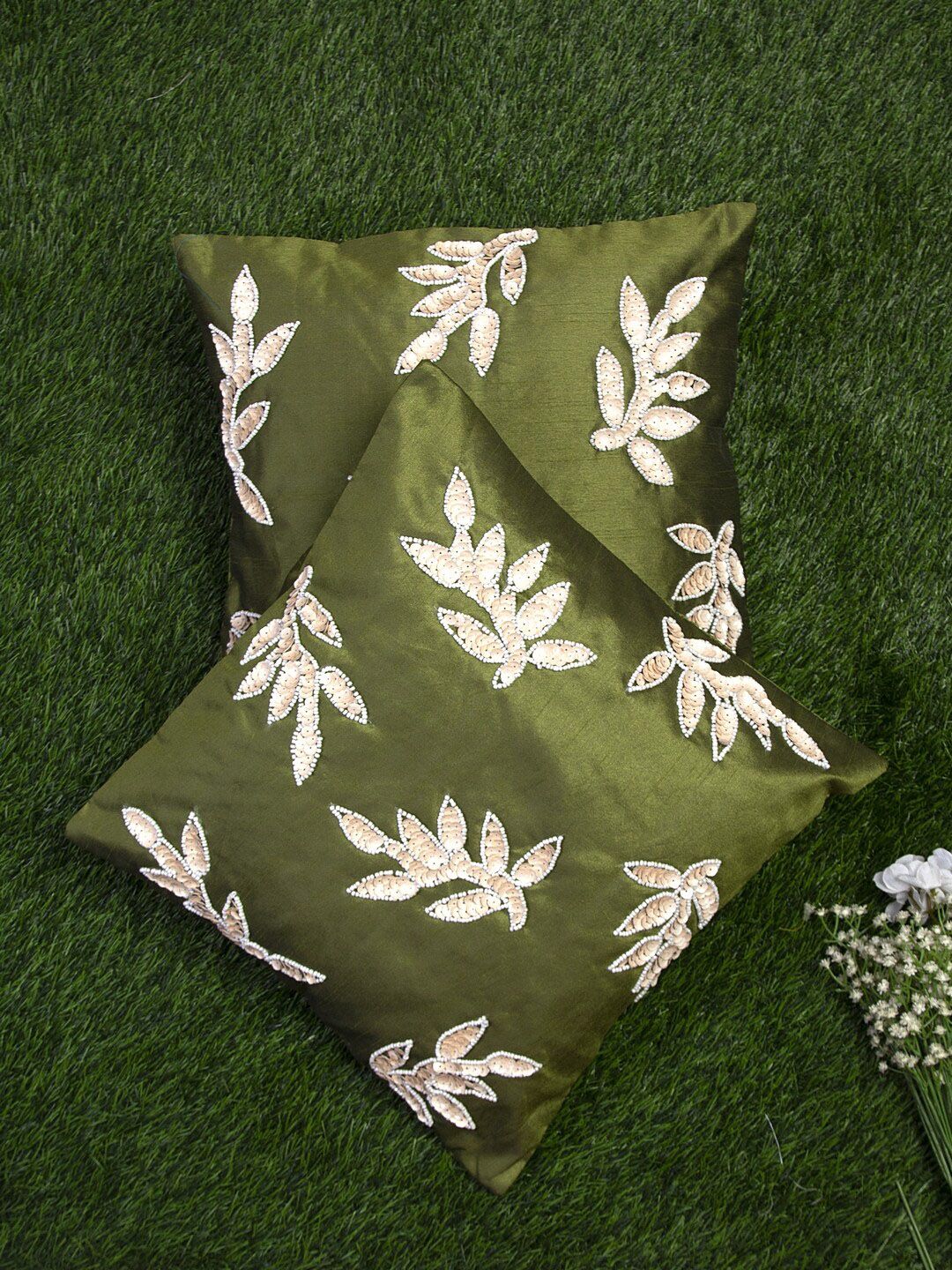 Alina decor Olive Green & White Set of 2 Embellished Square Cushion Covers Price in India