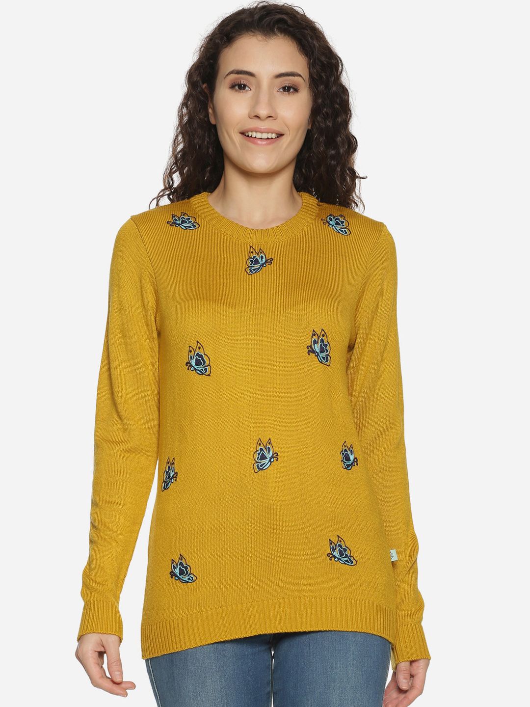 BEVERLY BLUES Women Mustard Embroidered Pullover Sweater Price in India