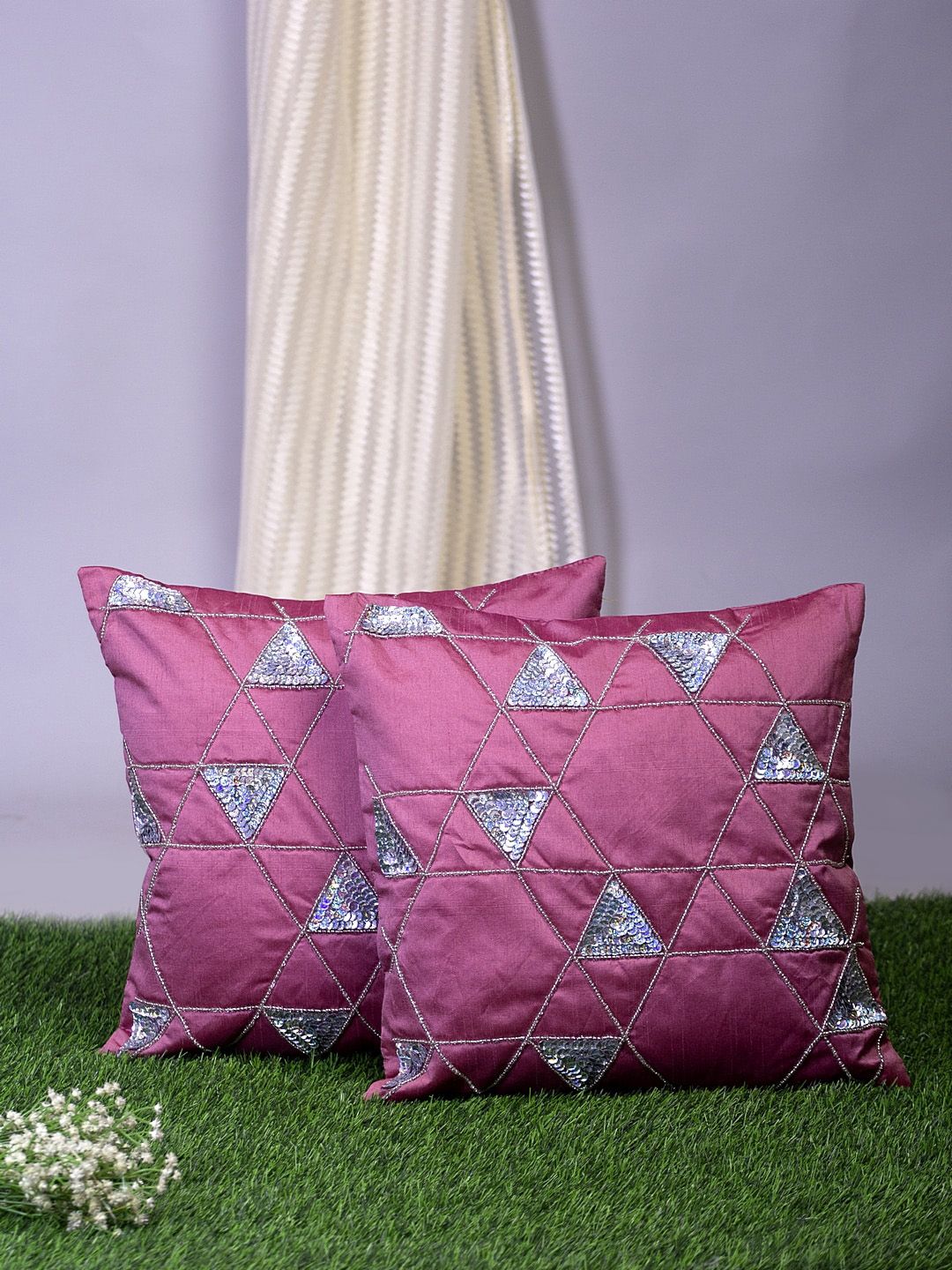 Alina decor Pink Set of 2 Embellished Square Cushion Covers Price in India