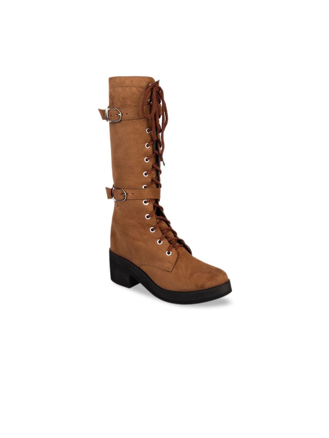 Sole To Soul Women Brown Solid Suede Heeled Boots Price in India