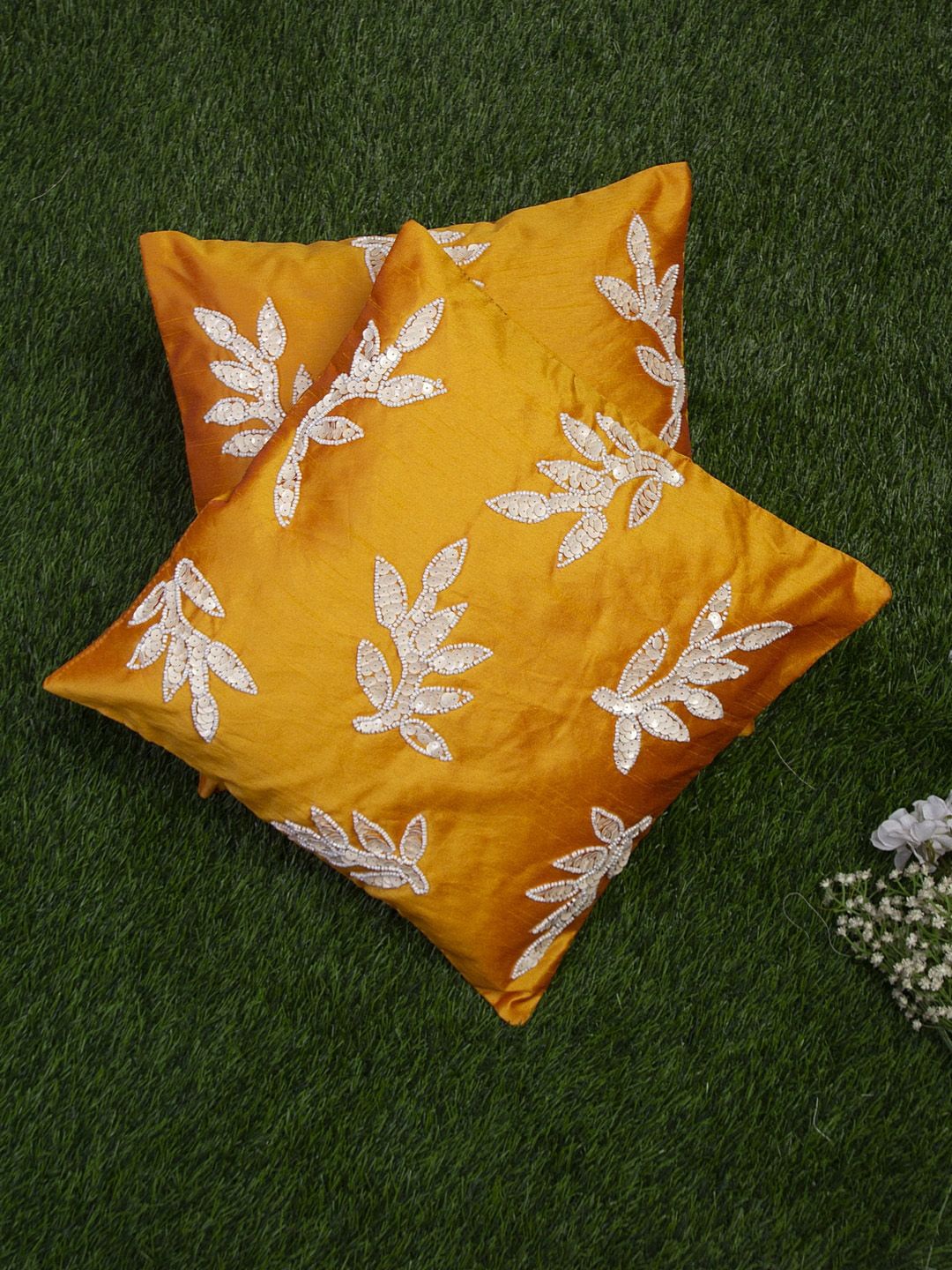 Alina decor Mustard Yellow Set of 2 Embellished Square Cushion Covers Price in India