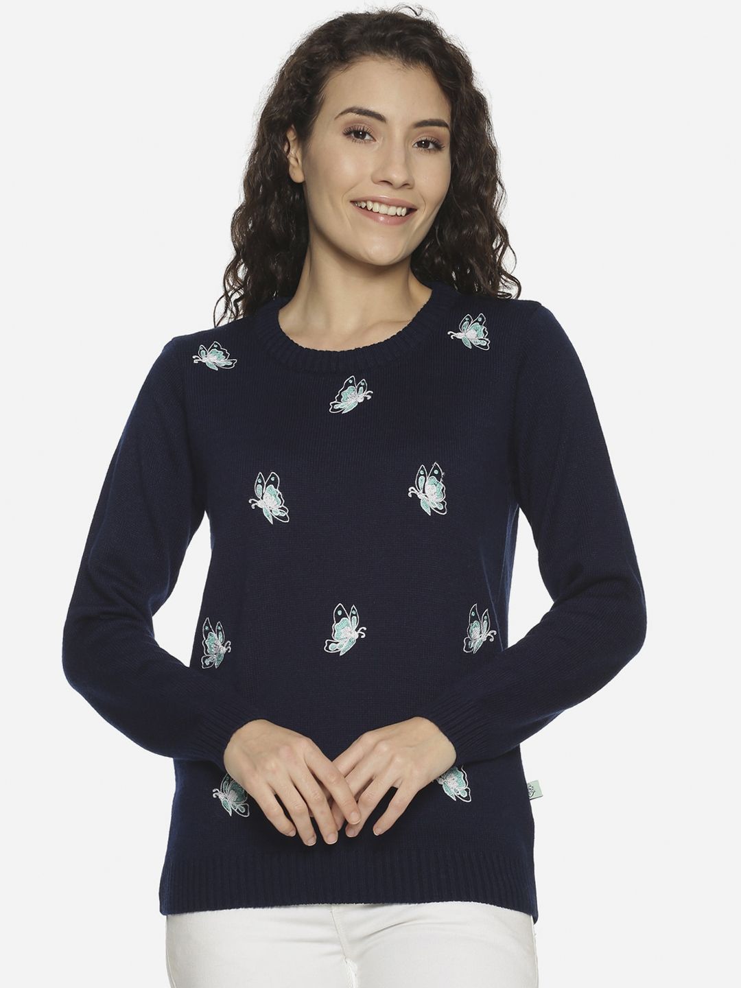 BEVERLY BLUES Women Navy Blue Embroidered Pullover Sweater Price in India
