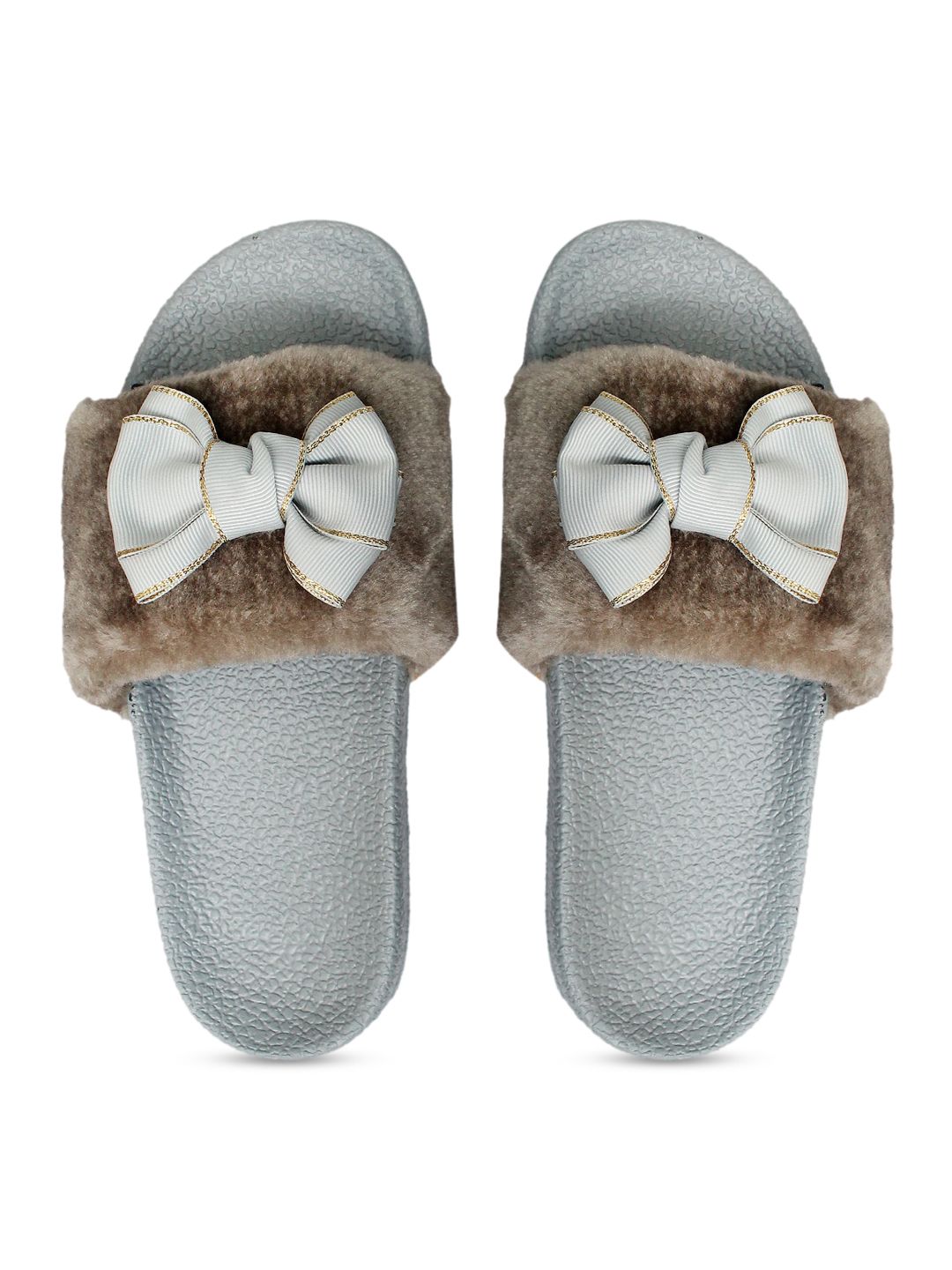 FREECO Women Brown & Grey Embellished Sliders Price in India