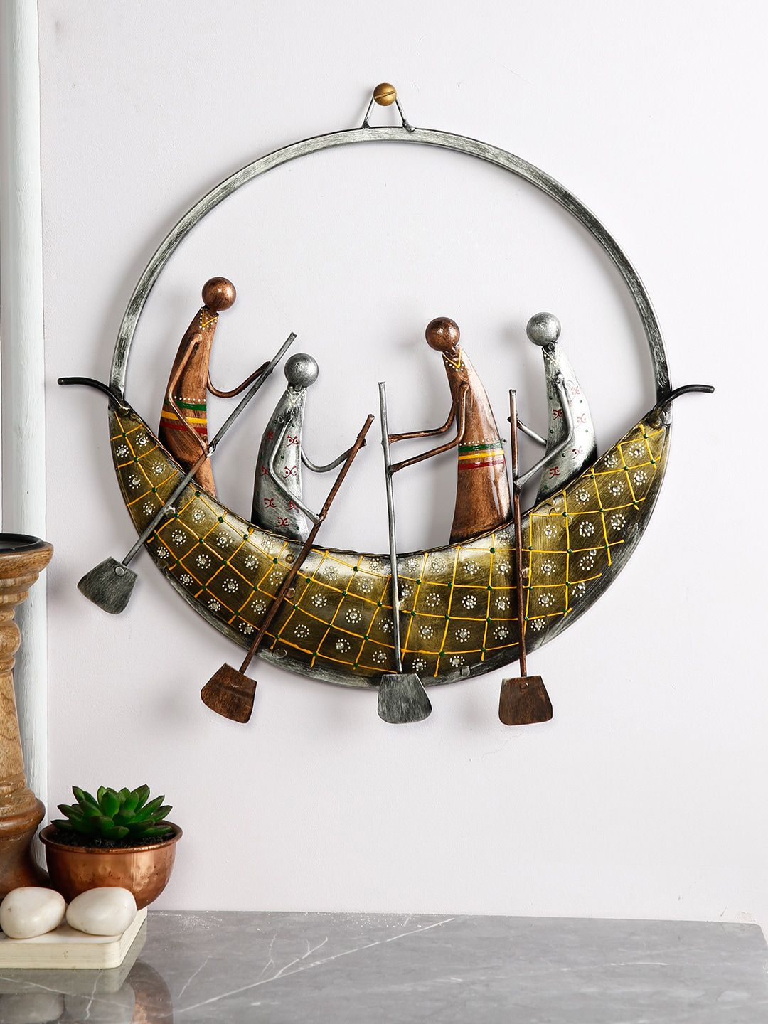 CraftVatika Gold & Silver Metal Iron Painted Round Boat Wall Art Price in India