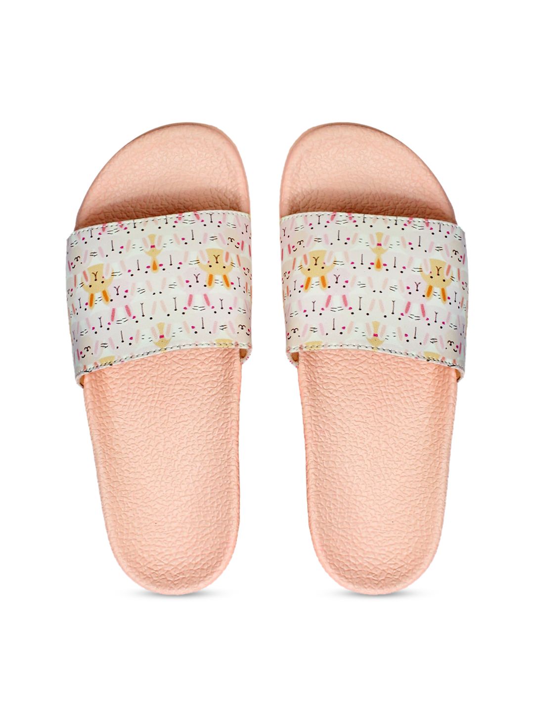 FREECO Women White & Pink Printed Sliders Price in India