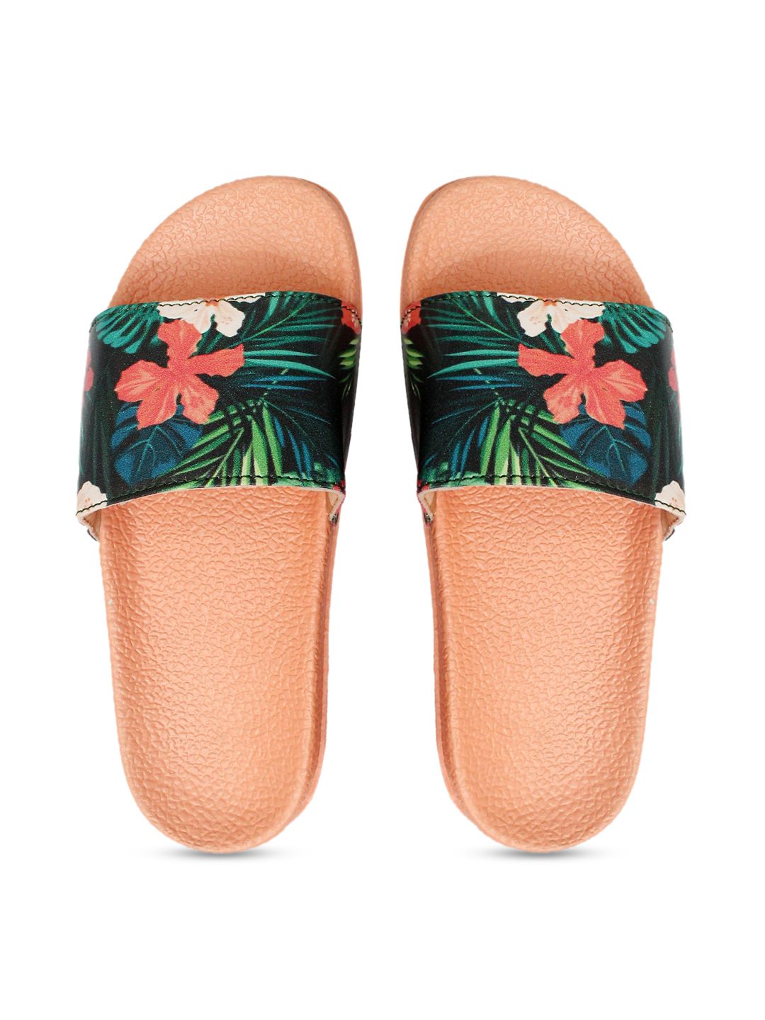 FREECO Women Green & Peach-Coloured Printed Sliders Price in India