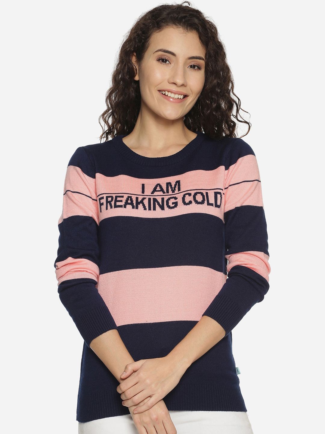 BEVERLY BLUES Women Pink Striped Pullover Sweater Price in India