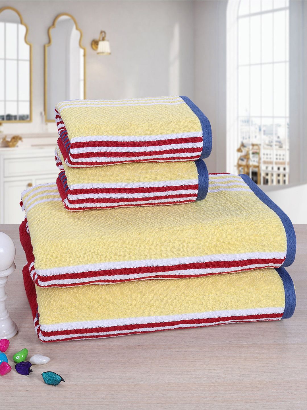 RANGOLI Yellow & Maroon Striped 520 GSM Cotton Anti-Bacterial Towel Set Price in India