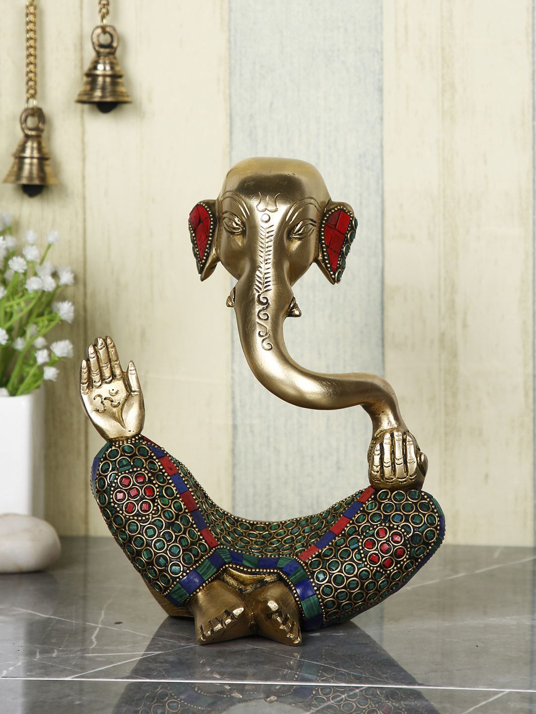 CraftVatika Gold-Toned & Green Ganesh Idol Showpiece Price in India