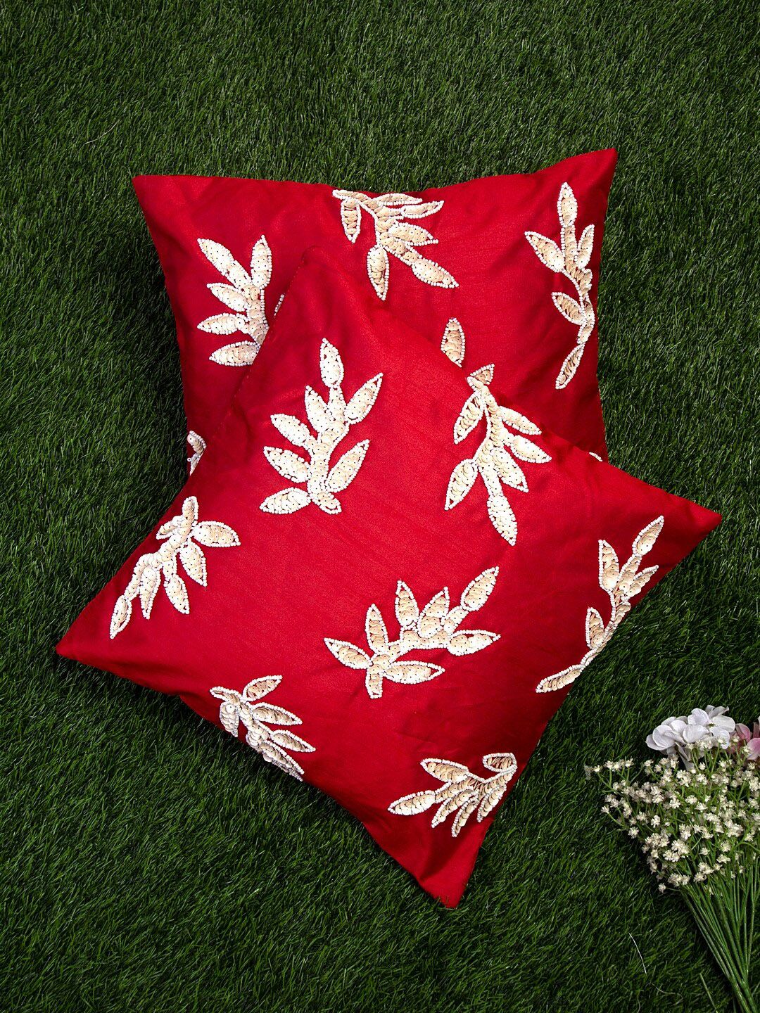 Alina decor Red & Beige Set of 2 Embellished Square Cushion Covers Price in India