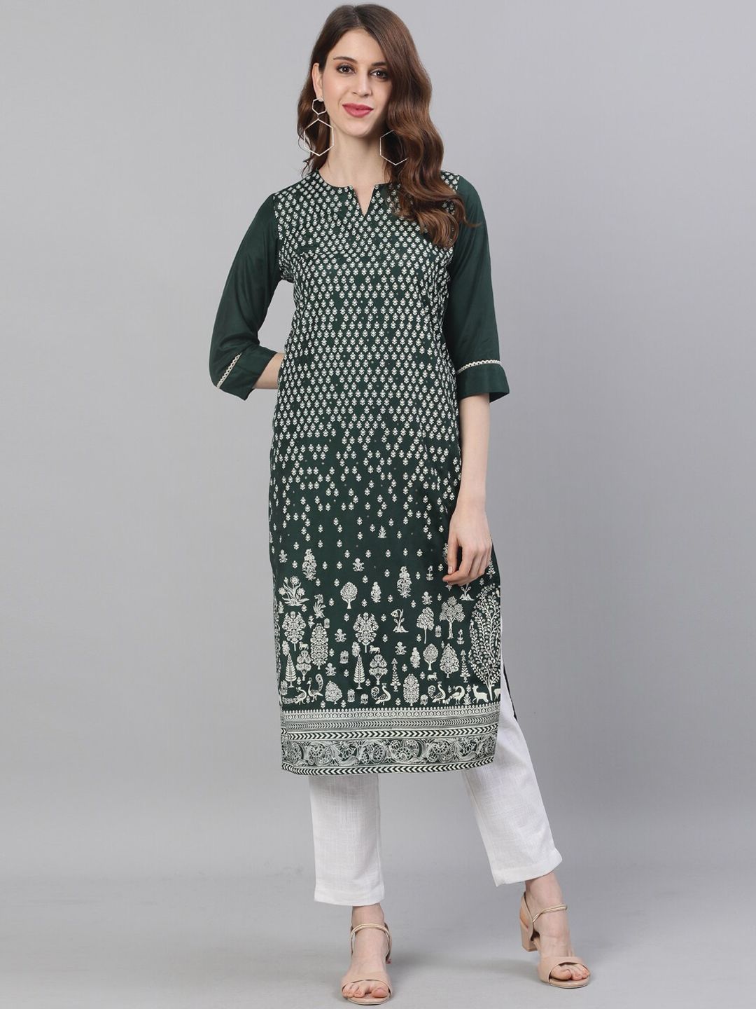 Jaipur Kurti Women Green & Off-White Printed Kurta with Trousers Price in India