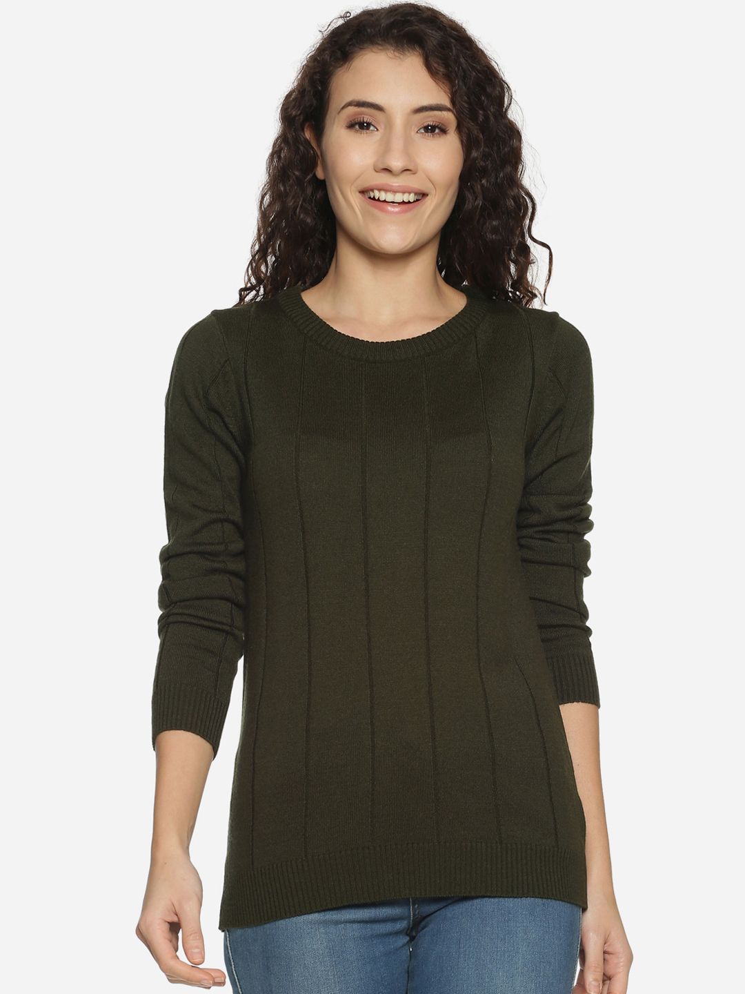 BEVERLY BLUES Women Olive Green Striped Pullover Sweater Price in India