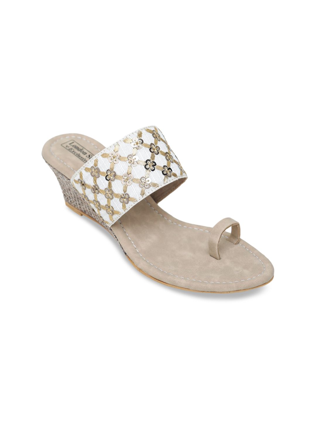 LONDON STEPS Women Cream-Coloured Woven Design Wedges Price in India