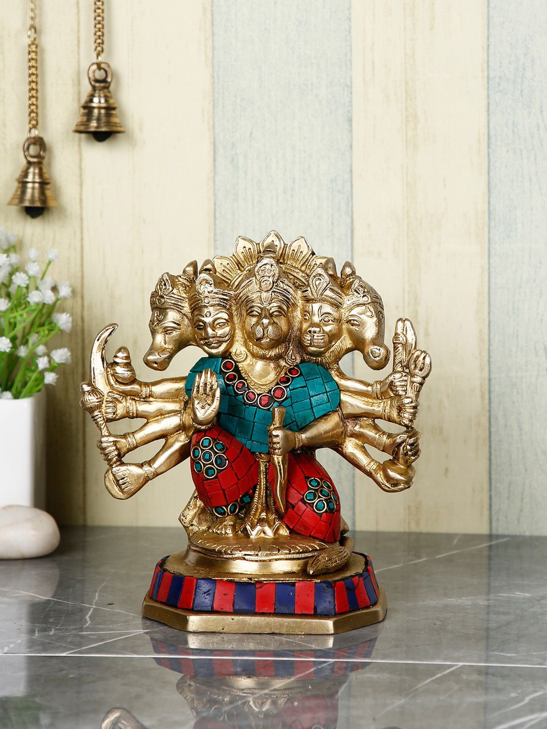 CraftVatika Gold-Toned & Green 5 Face Hanuman Showpiece Price in India