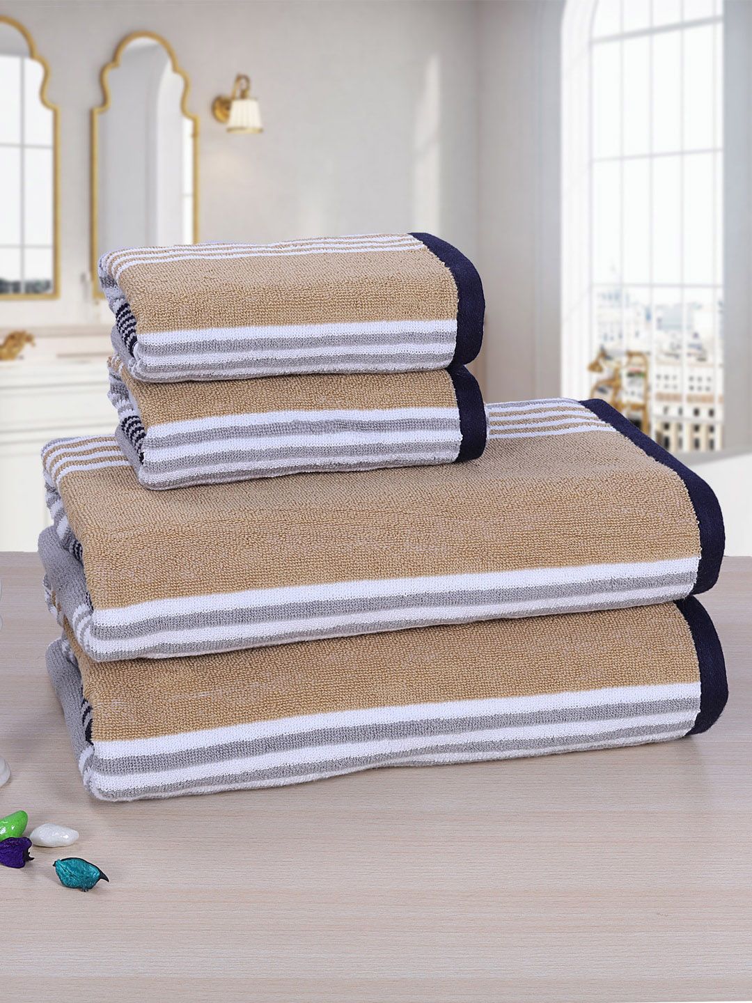 RANGOLI Set of 4 Beige & White Striped 520 GSM Towels Price in India