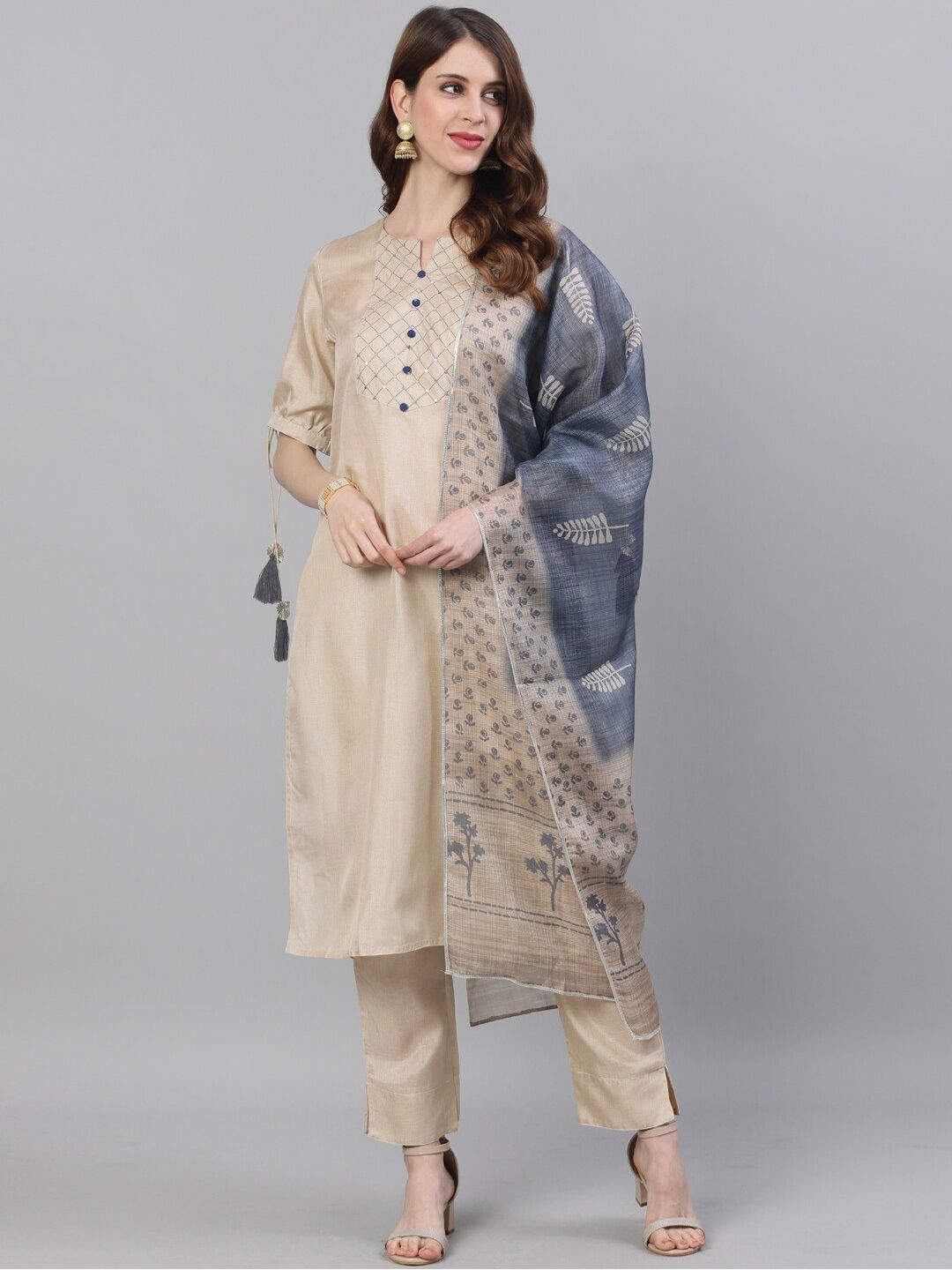 Jaipur Kurti Women Beige Yoke Design Kurta with Trousers & Dupatta Price in India