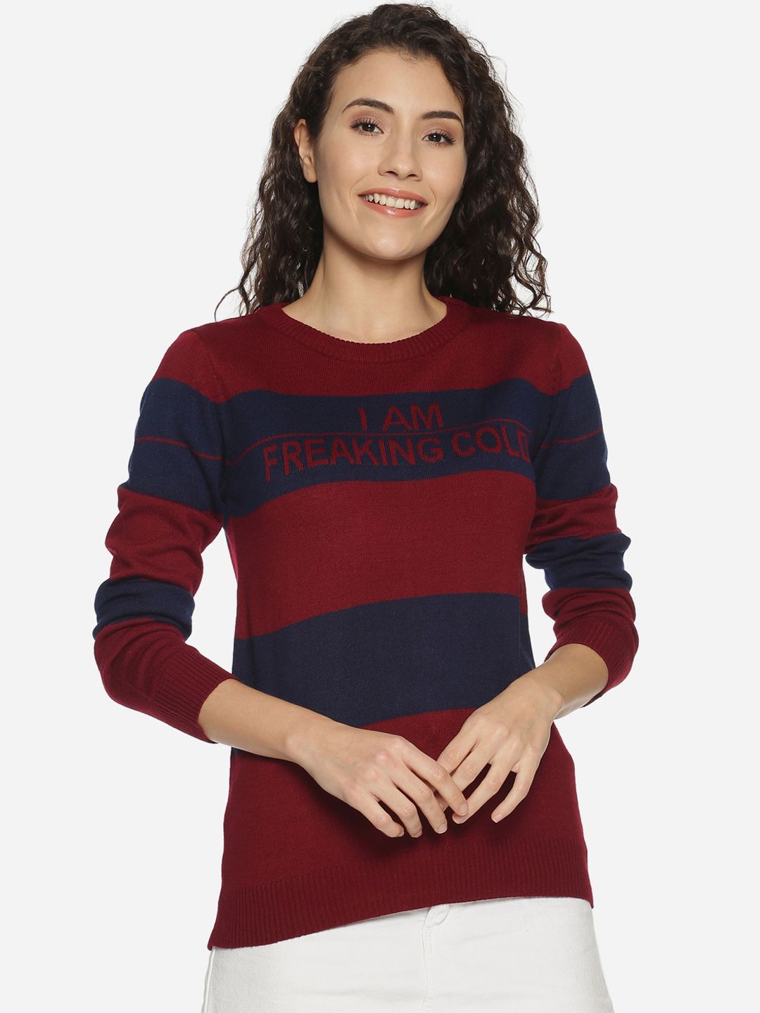 BEVERLY BLUES Women Maroon Colourblocked Pullover Sweater Price in India