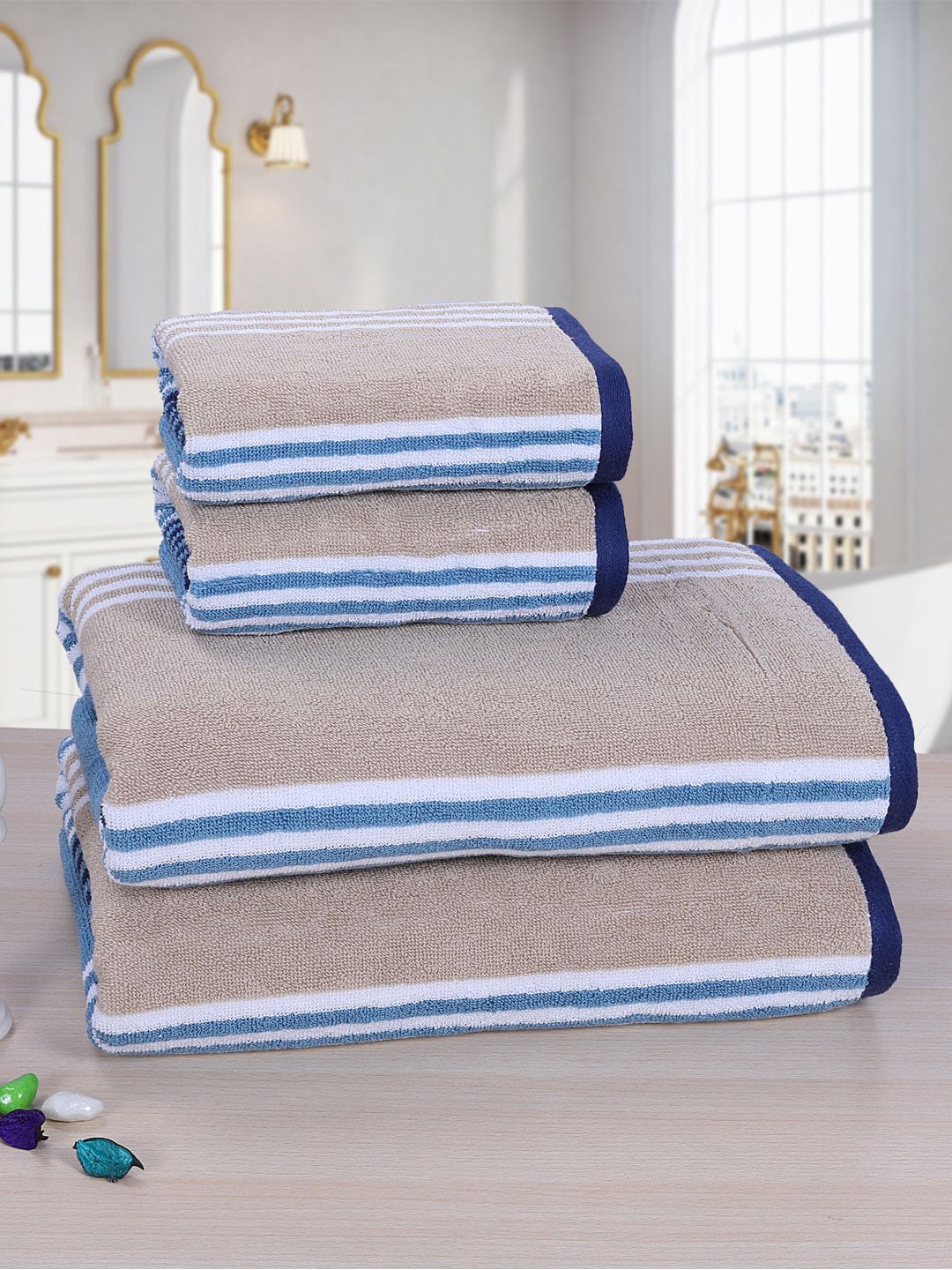 RANGOLI Set Of 4 Beige & Blue Striped 520 GSM Bath Towel Set Price in India
