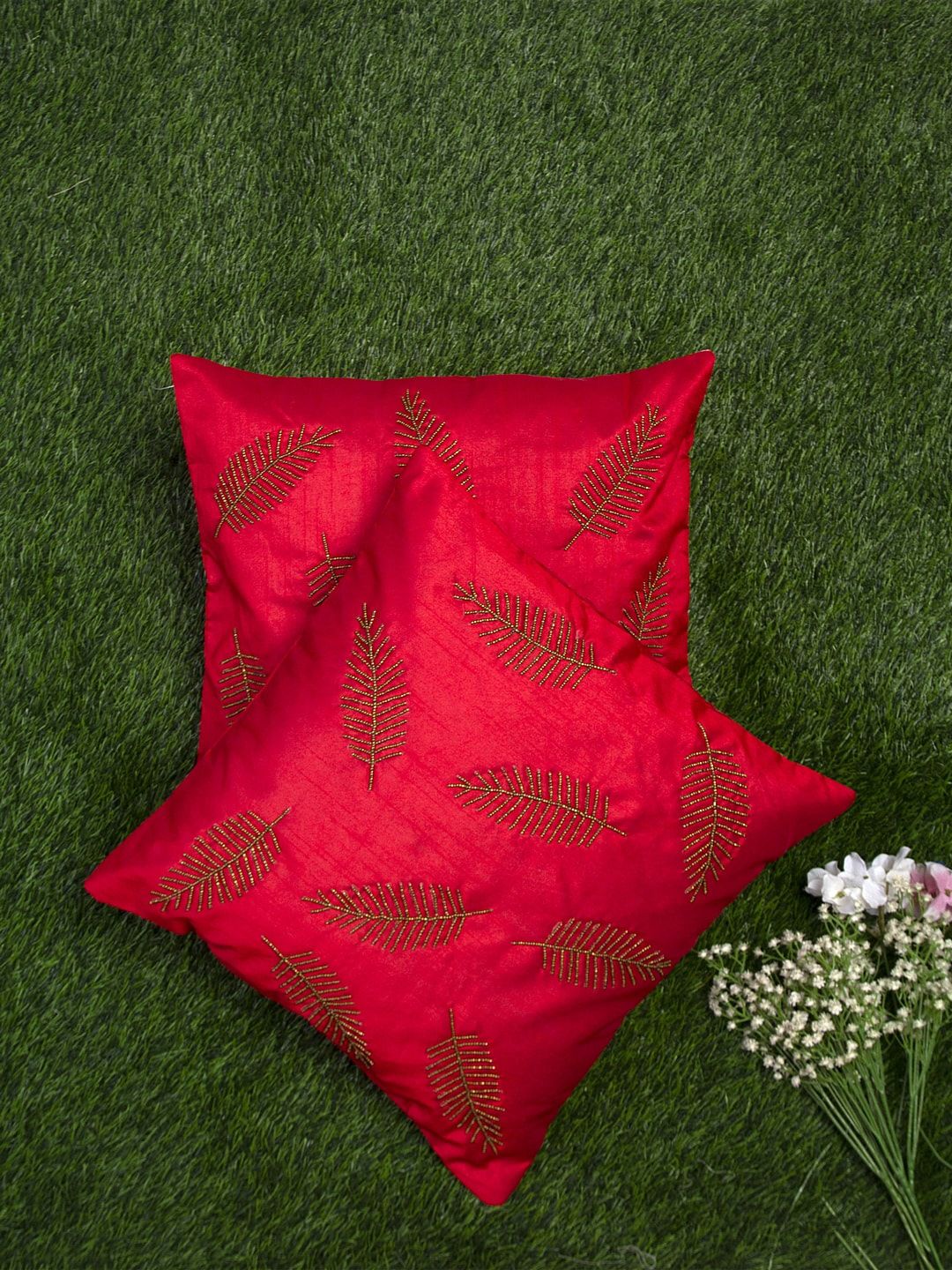 Alina decor Red & Tan Set of 2 Embellished Square Cushion Covers Price in India