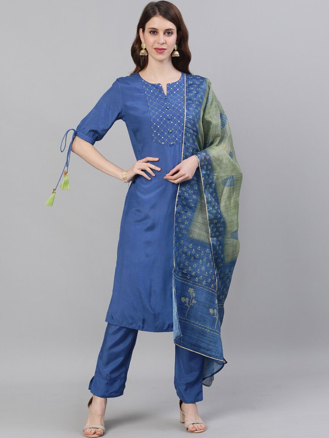 Jaipur Kurti Women Blue Yoke Design Kurta with Trousers & Dupatta Price in India