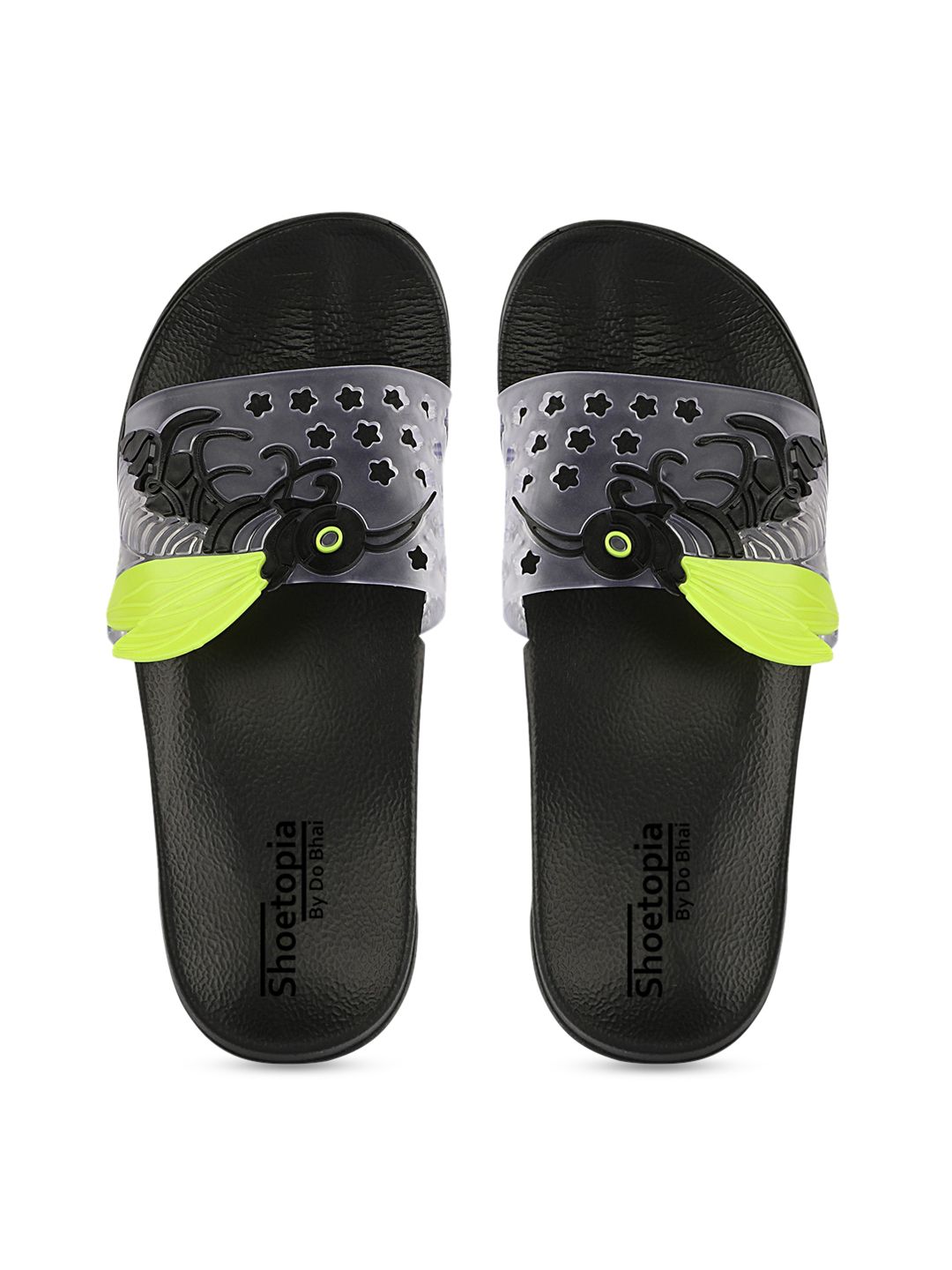 Shoetopia Women Transparent & Fluorescent Green Self Design Sliders Price in India