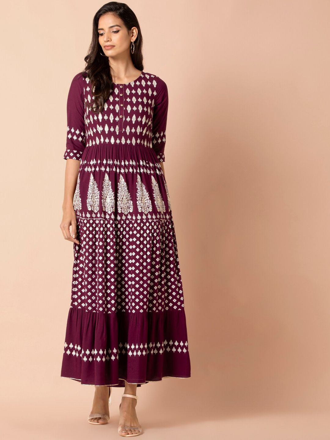 INDYA Women Maroon Printed Maxi Dress