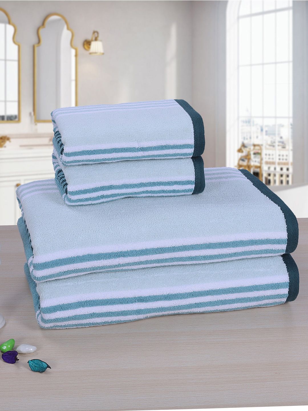 RANGOLI Set Of 4 Teal Striped 520 GSM Towels Price in India