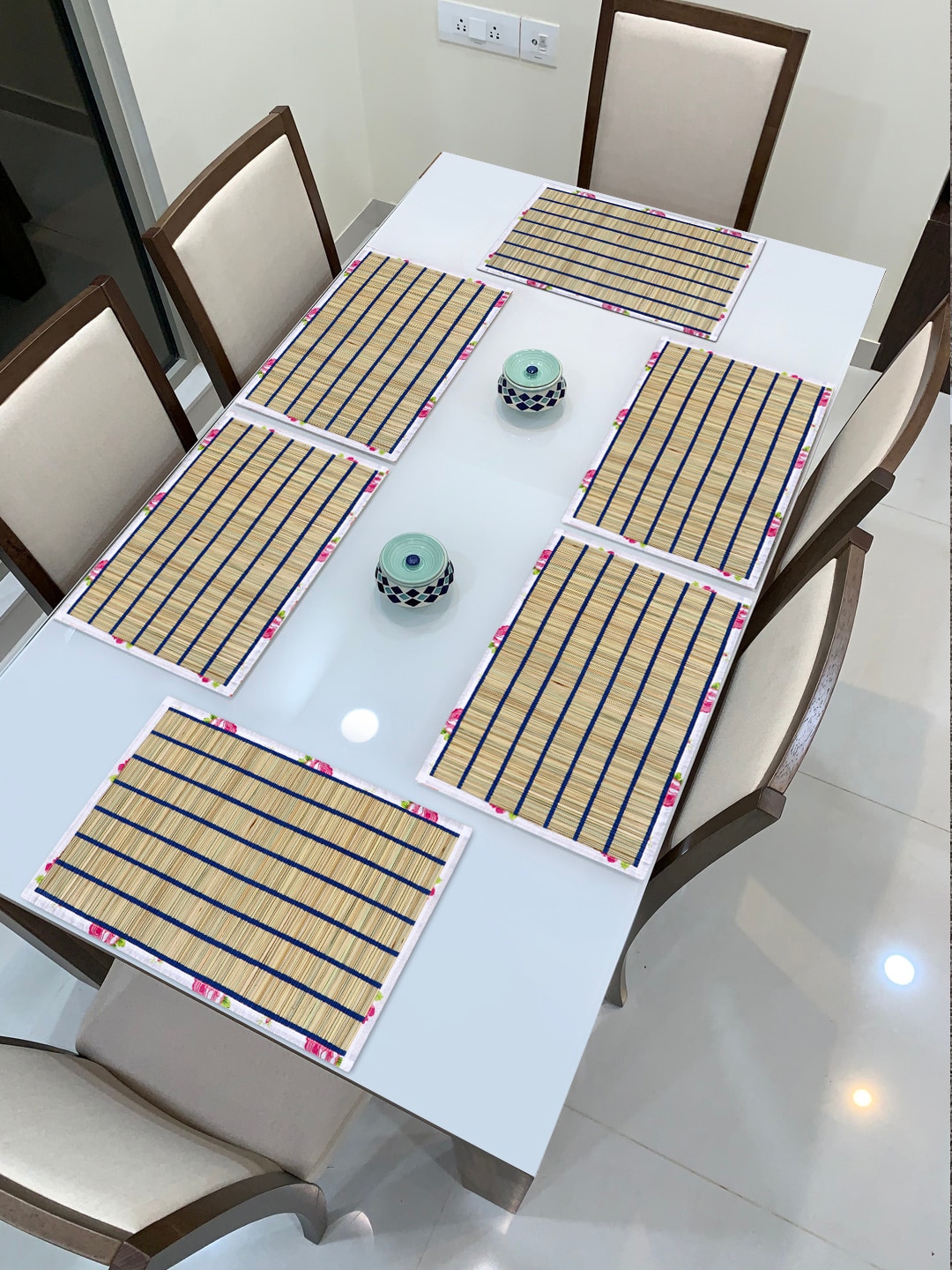 HomeStorie Set Of 6 Beige & Blue Self-Design Rectangular Heat Resistant Table Placemats Price in India