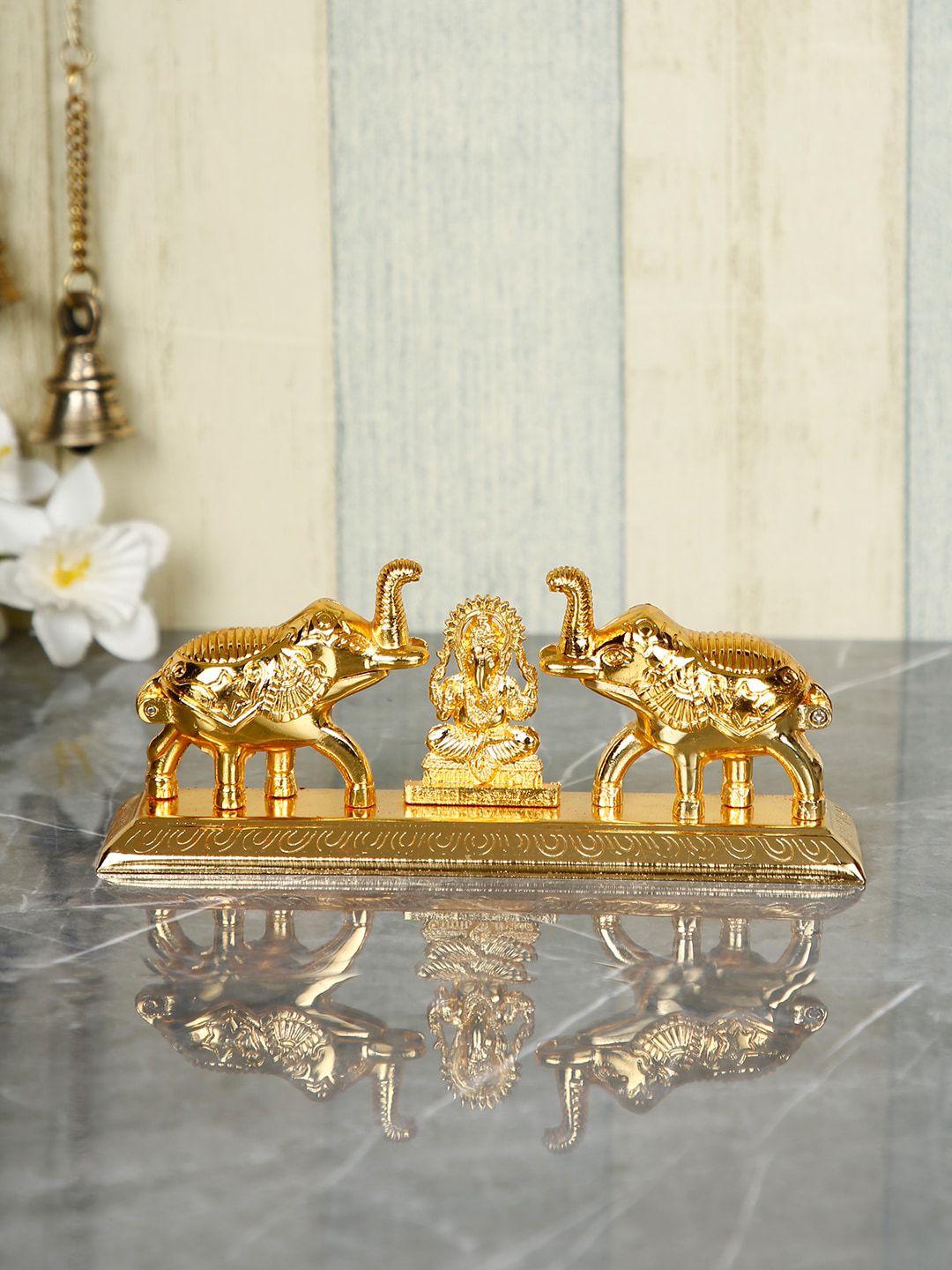 CraftVatika Gold-Toned Ganesha & Elephant Chandan Roli Kumkum Chawal Box Showpiece Price in India