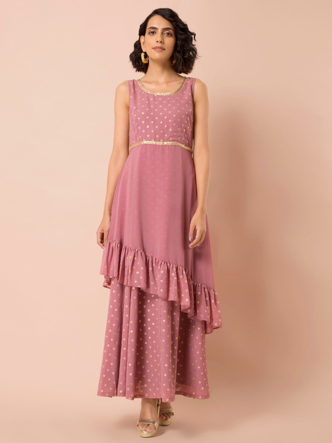 INDYA Women Pink & Gold Self Design A-Line Layered Maxi Dress