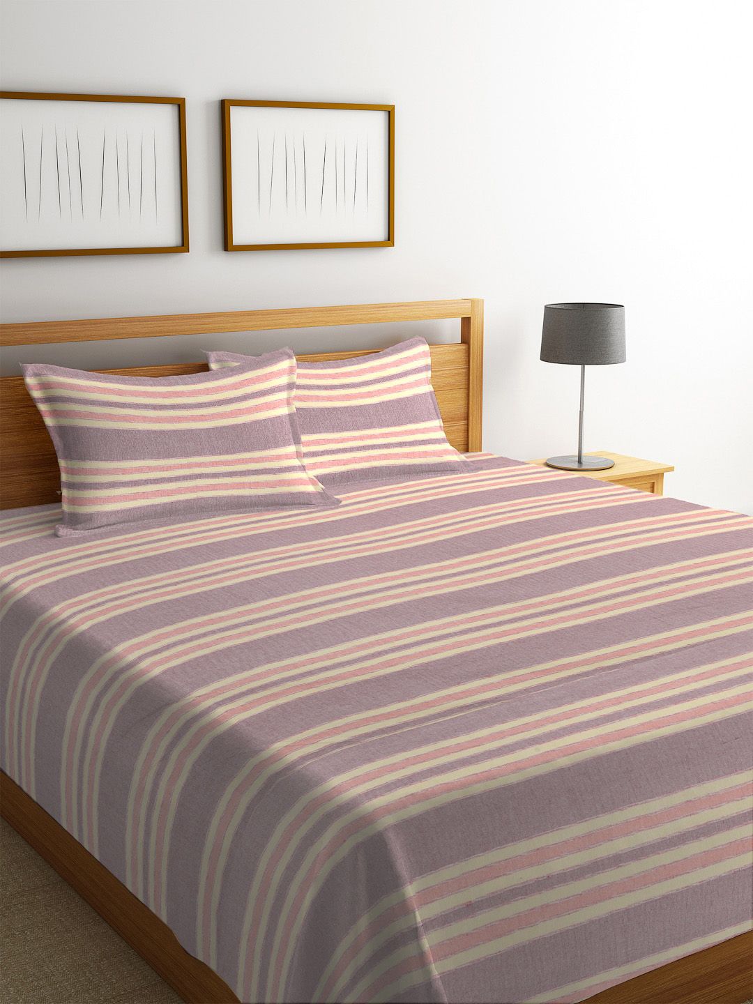 KLOTTHE Beige & Purple Woven Design 1 Double King Bedcover With 2 Pillow Covers Price in India