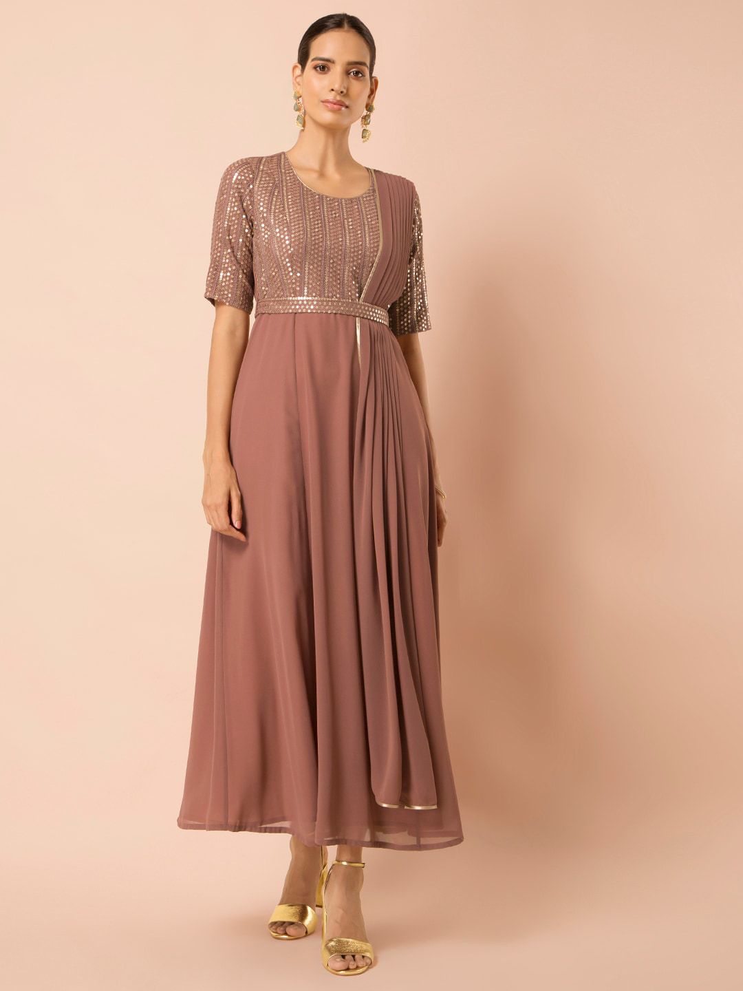 INDYA Rose Pink Embroidered Maxi Tunic with Attached Belt Price in India