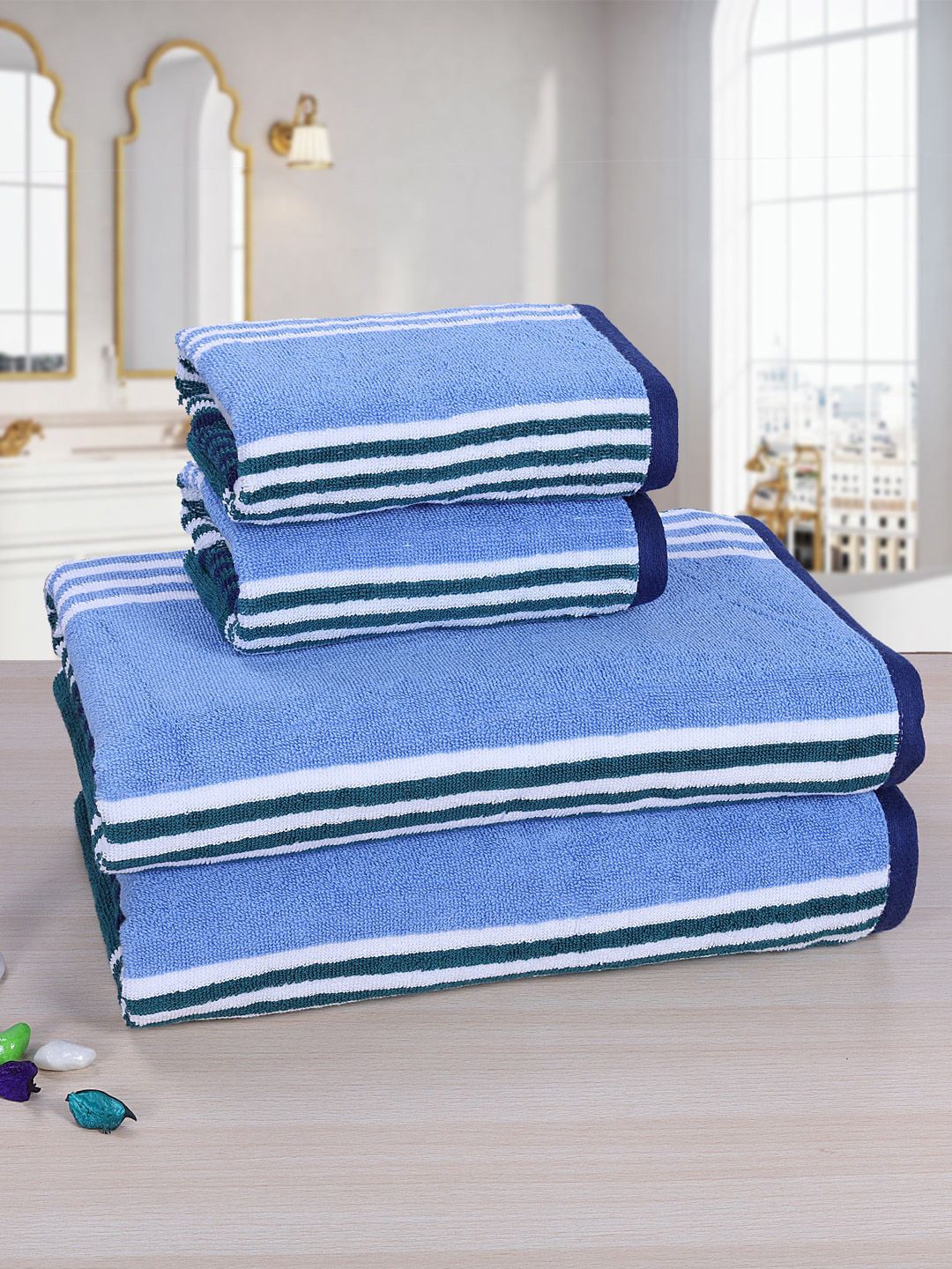 RANGOLI Unisex Set Of 4 Multicoloured Striped 520 GSM Cotton Towel Set Price in India
