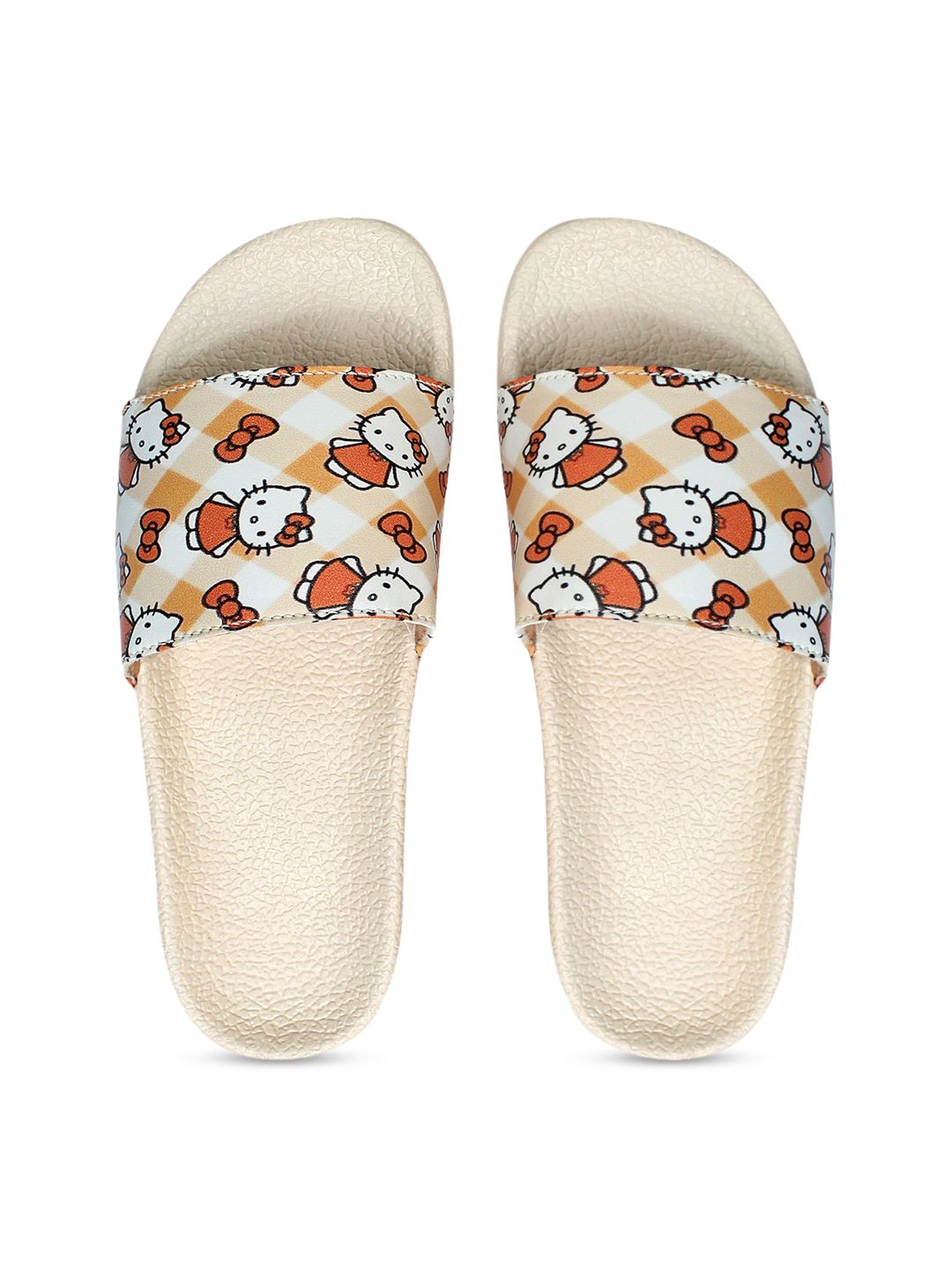 FREECO Women Beige & White Hello Kitty Printed Sliders Price in India