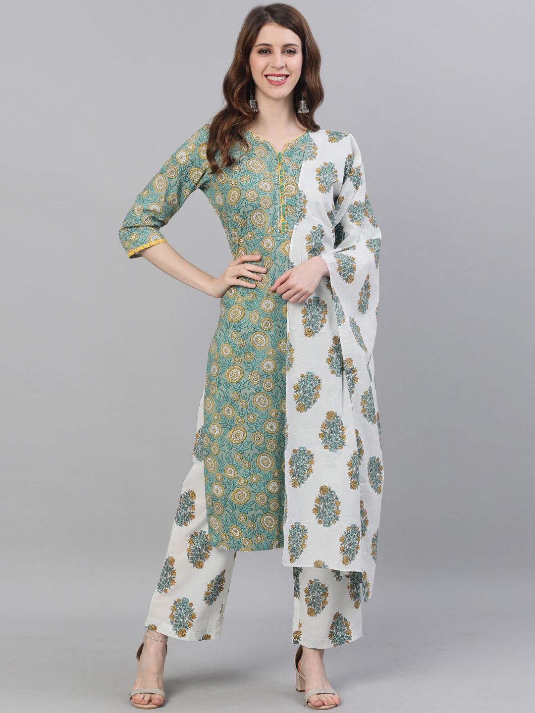 Jaipur Kurti Women Green & Off-White Printed Kurta with Trousers & Dupatta Price in India