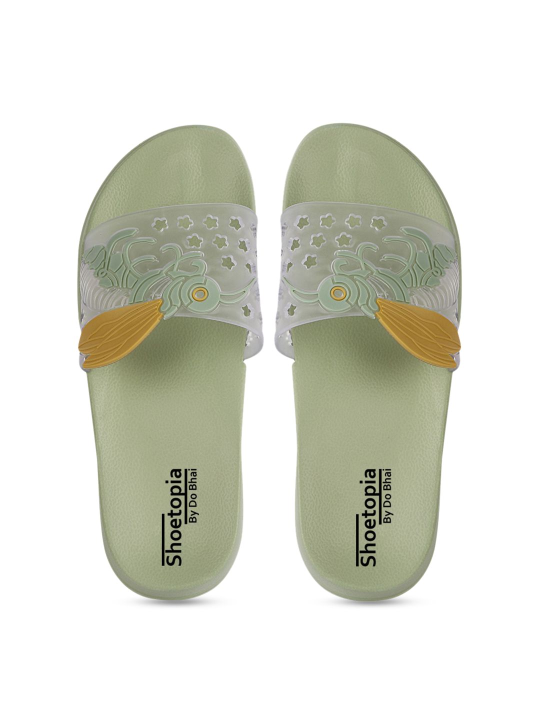 Shoetopia Women Transparent & Green Self Design Sliders Price in India