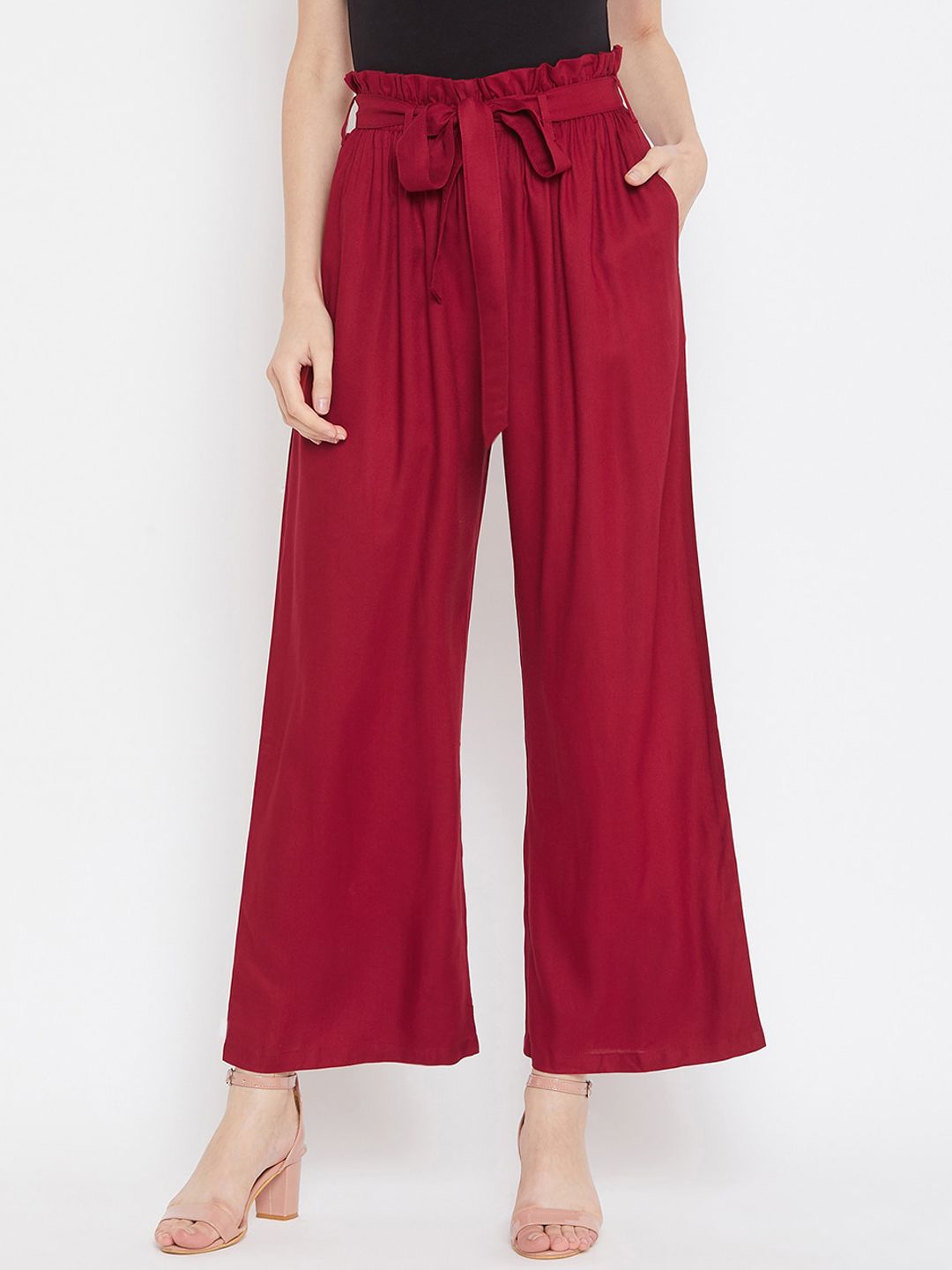 Zastraa Women Maroon Solid Wide Leg Palazzos Price in India